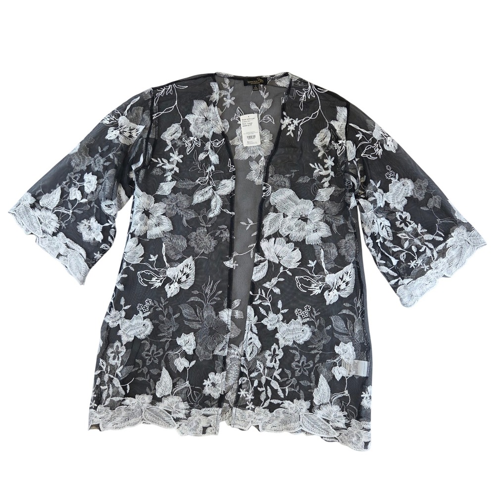 NWT Boho Whimsigoth Floral Embroidered Sheer Mesh Kimono Lace Cardigan Large